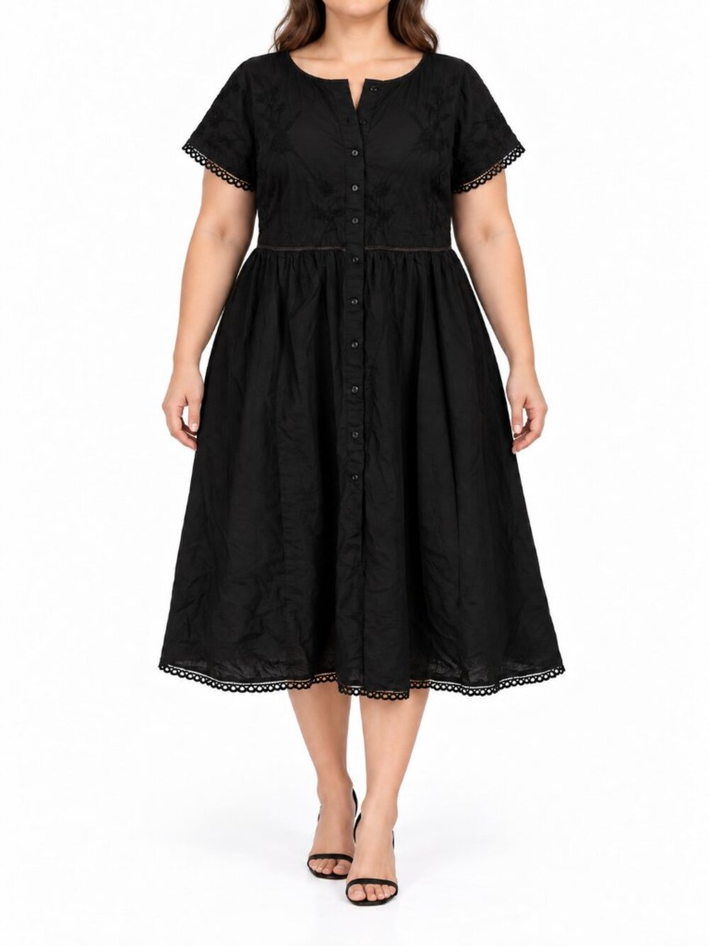 Wayward Fancies Women's Black Embroidered Lace-Trim Midi Dress, 1X